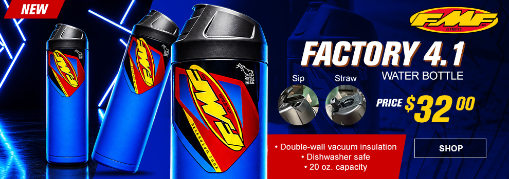 New, FMF factory four point one water bottle, price thirty two dollars, double wall vacuum insulation, dishwasher safe, 20 ounce capacity, SHOP button
